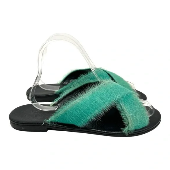 Avec Moderation St. Tropez Ponyhair Emerald Crossover Slide Sandals Women’s 39.5 - Picture 2 of 12